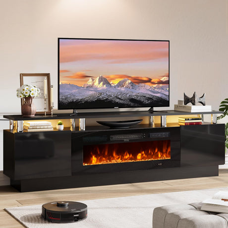 OneBlis 70" TV Stand for Living Room, Modern Entertainment Center & Media Console, Fits TVs up to 80", Storage Cabinet with Shelves, 36" Electric Fireplace with LED Flame (All Black) OneBlis