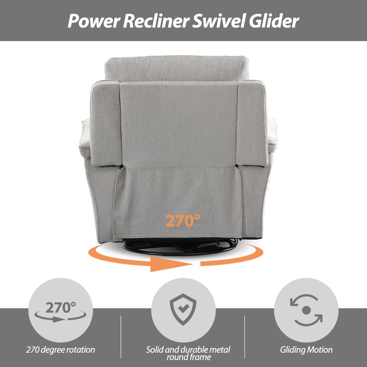 INZOY Glider Recliner Nursery Chair, Power Recliner Swivel Glider, Fabric Electric Swivel Recliner Rocker with Overstuffed Backrest, Power Recliner Chair Reclining Sofa for Living Room, Light Grey INZOY