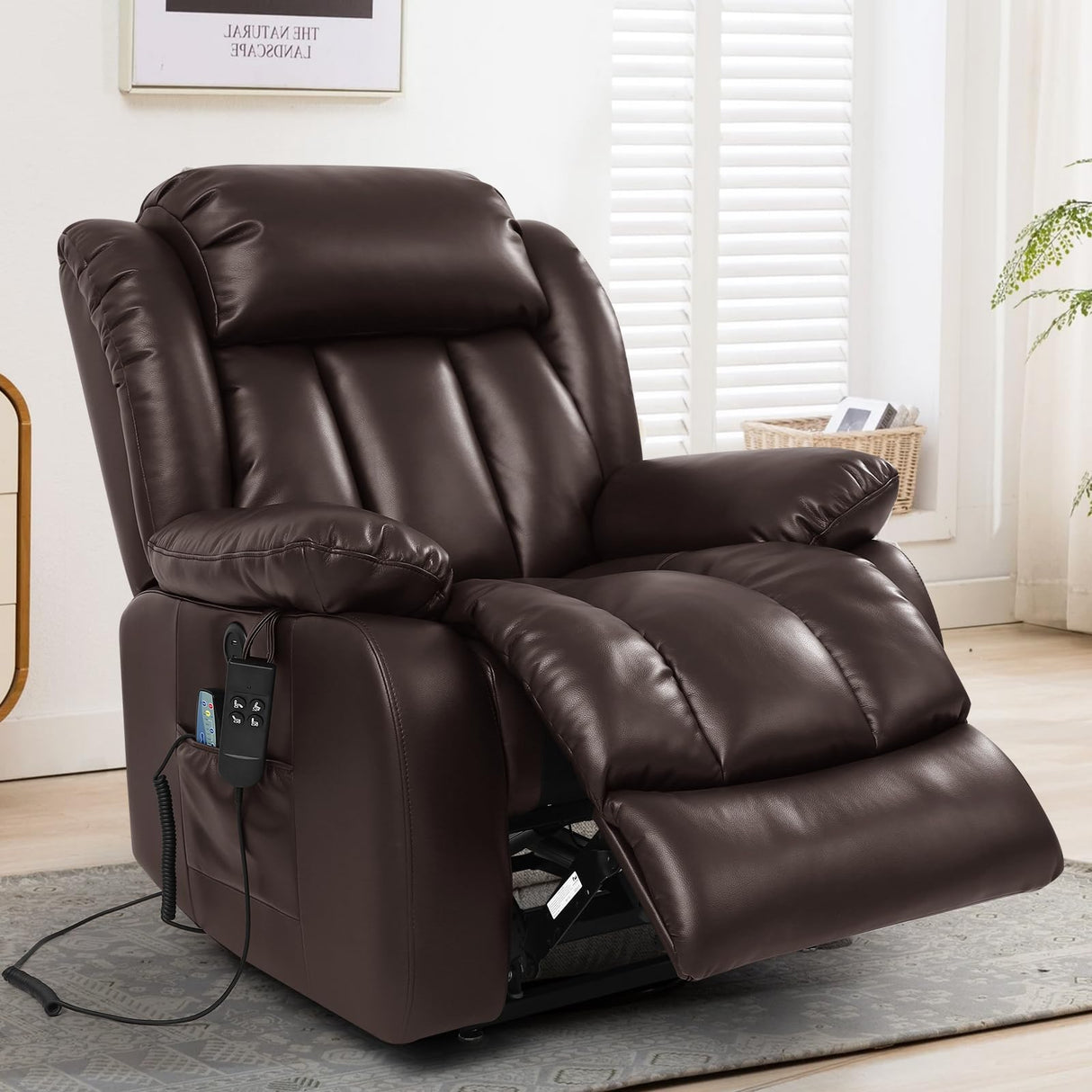 MAEVIS Power Recliner Chair, Lay Flat Sleeping Lift Chairs Recliner for Elderly with Heat and Massage,Comfy Real Breathable Leather Recliners with Dual OKIN Motor for Living Room (Brown) MAEVIS