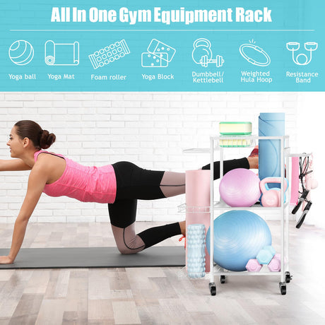 LIANTRAL Yoga Mat Storage Rack - Metal Gym Organizer for Yoga Mats, Foam Rollers & Fitness Equipment, Space Saving Workout Equipment Storage Rack for Home Exercise and Fitness Gear, White LIANTRAL