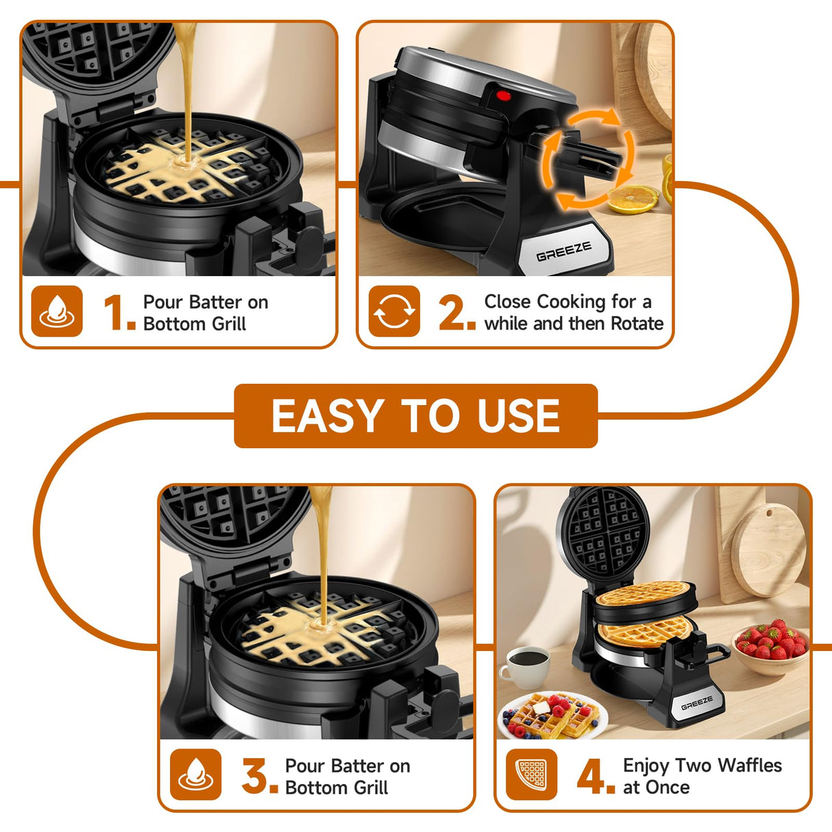 Waffle Maker, Double Belgian Waffle Maker 180°Flip, 1400W Waffle Iron 8 Slices, Rotating & Nonstick Plates with Removable Drip Tray for Easy Clean, Stainless Steel, Locking Buckle & Cool Touch Handle Greeze