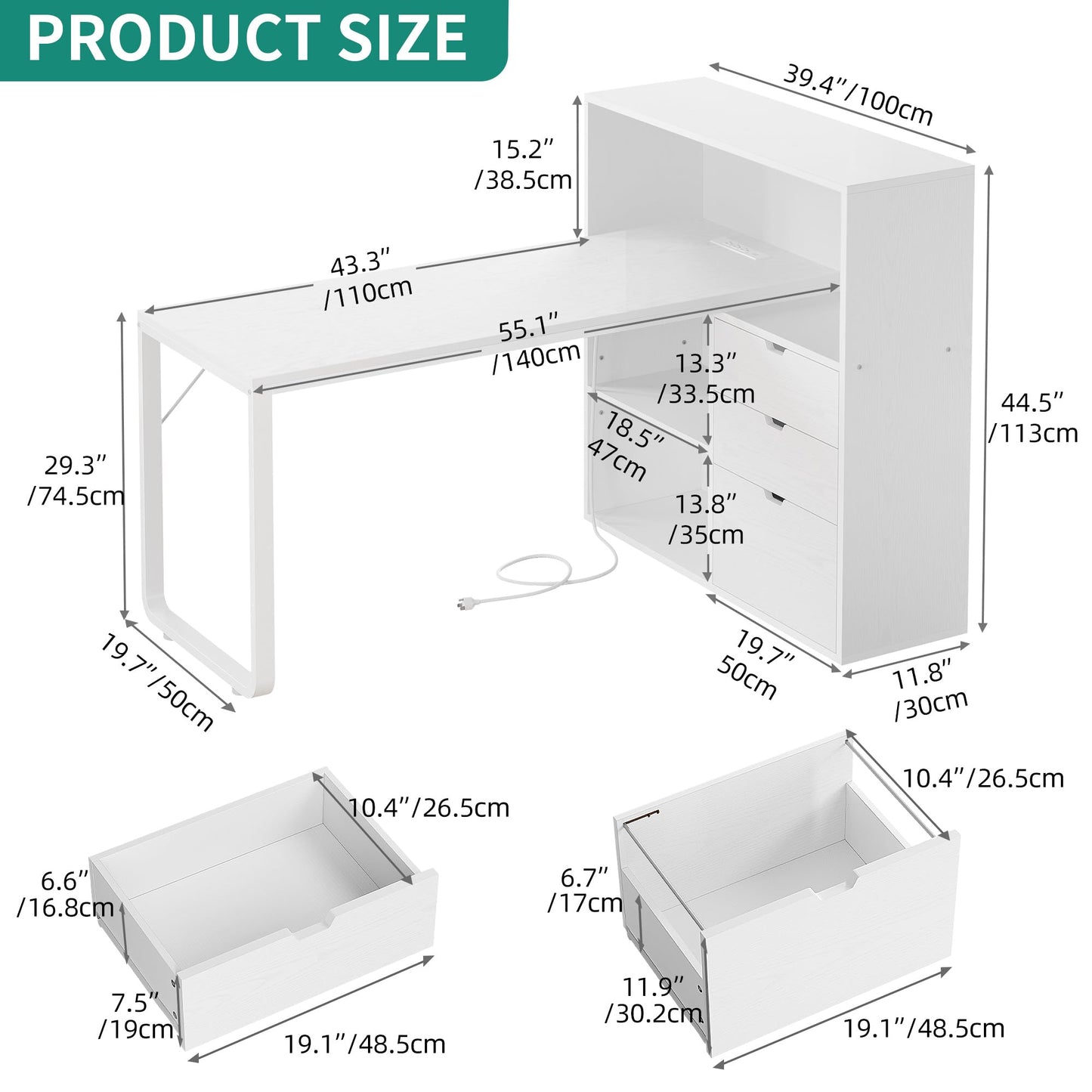 YITAHOME 55" L Shaped Computer Desk with Power Outlets, LED Lights, File Cabinet & Ample Storage in White