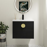 SSLine Modern 24" Floating Bathroom Vanity with Sink Wall Mounted Bathroom Vanity with Top Basin & Storage Cabinet Luxury Black Wood Hanging Vanity w/Ceramic Sink & Gold Handles for Small Space SSLine