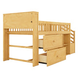 Low Loft Bed with LED Lights and Bookshelf, Wooden Kids Loft Bed with Stairs and Safety Guardrail, Low Loft Bed Twin with 2 Storage Drawers and Shelves for Girls Boys,No Box Spring Needed, Natural Mirightone