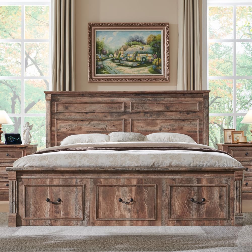 Aitjunz Farmhouse King Size Bed Frame with 51" Tall Headboard, Wood Platform Bed Frame with 20" Tall Roman Column Decoration Footboard & 3 Large Storage Drawers, No Box Spring Needed (Light Brown) Aitjunz