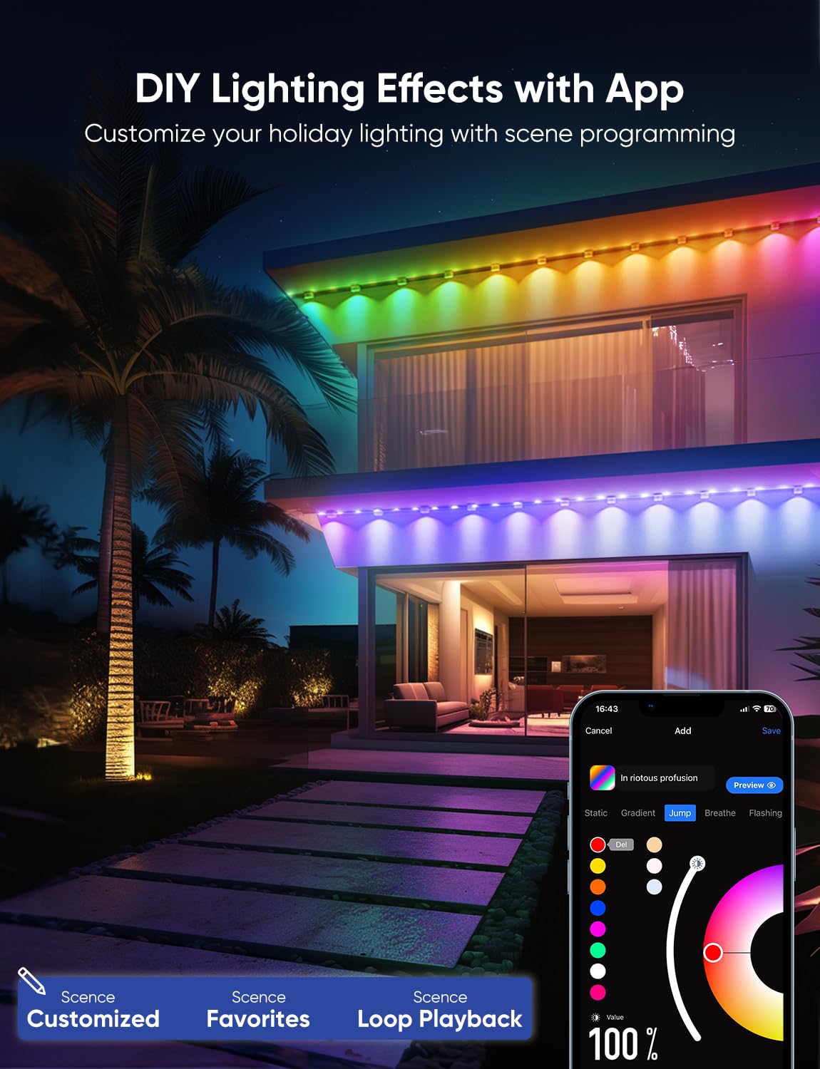 APPECK Permanent Outdoor Lights Pro 100ft, RGBCW Smart Eaves Lights with 72 LED Lights, Dual Lens, Cuttable, 111 Scene Modes, IP67 Waterproof Lighting for Holiday Decoration, Work with Alexa, White APPECK