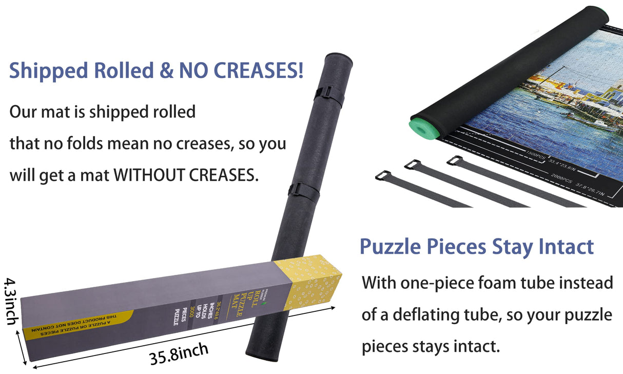 Lwoeo Jigsaw Puzzle Mat Roll Up, No Creases 49.2” x 35” Rubber Saver Pad Up to 3000 Pieces, Black Large Puzzel Matte Rollup with 6 Sorting Trays & 1 Storage Bag. Ideal for Holiday and Birthday Lwoeo