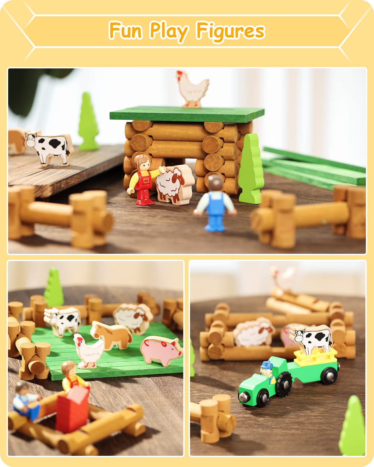 SainSmart Jr. Wooden Log Cabin Set Farm Building House Toy for Toddlers, 122 PCS Classic STEM Construction Kit with Colorful Wood Logs Blocks for 3+ Years Old SainSmart Jr.