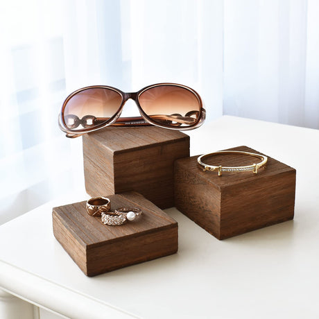 MOOCA Customizable Wooden Display Risers Set - 3 Different Height Stands for Jewelry, Watches, Cosmetics, and Accessory, Brown Color MOOCA