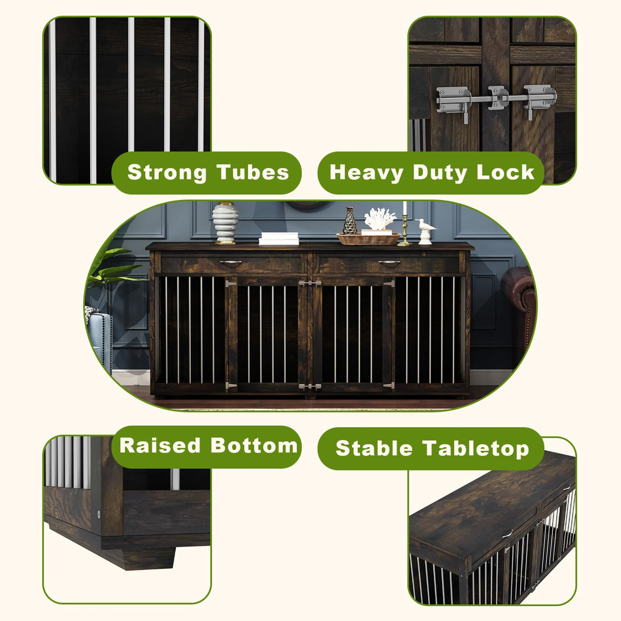 DAWNSPACES Dog Crate Furniture for Large Medium Dogs, 72" Heavy Duty Indoor Wooden Double Rooms Dog Kennel Table with Drawers & Divider, Funiture Style Dog Cage House TV Stand, Rustic Brown DAWNSPACES