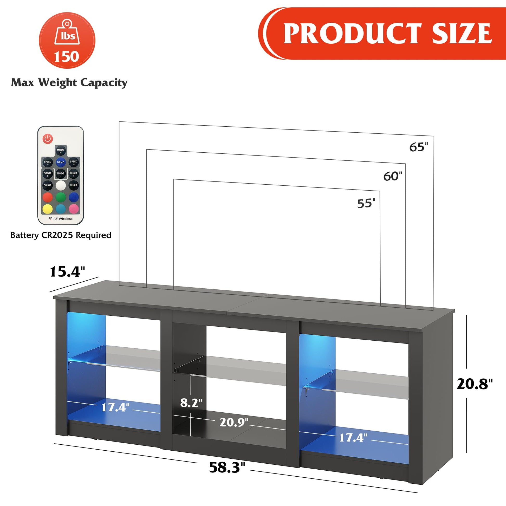 WLIVE TV Stand for 65 Inch TV, Entertainment Center with Adjustable Glass Shelves, LED TV Console, TV Stands for Living Room, Black - WoodArtSupply