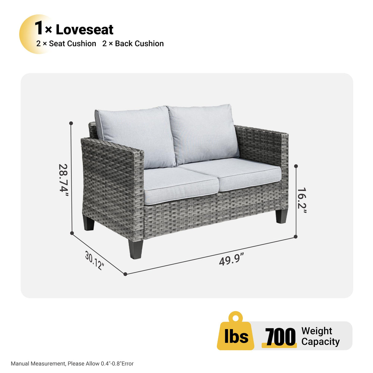 ovios Patio Loveseat, 2-Seater Outdoor Wicker Sofa Couch with Comfy Cushions, All Weather High Back Deep Seating Rattan Love Seat for Porch Deck Balcony, Grey ovios