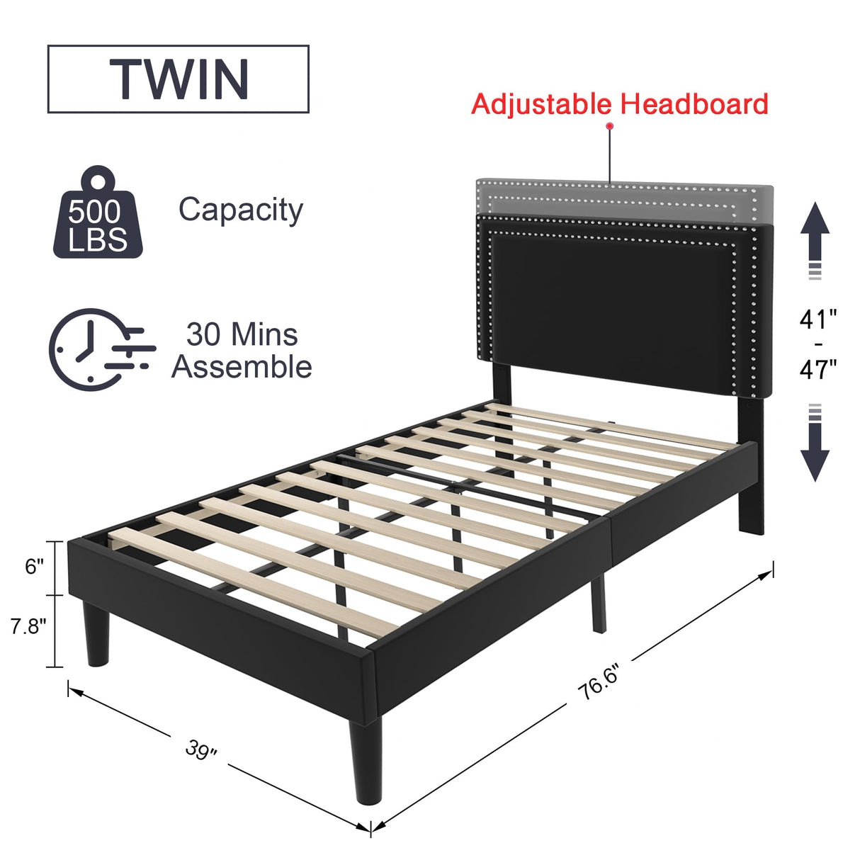 VECELO Twin Size Platform Bed Frame with Adjustable Upholstered Headboard, Modern Mattress Foundation, Strong Wood Slat Support, No Box Spring Needed, Easy Assembly VECELO