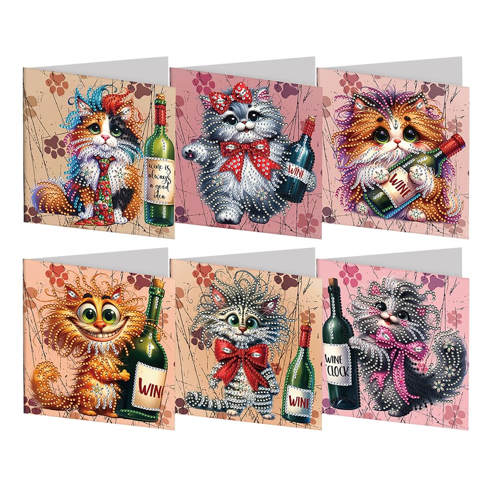 Ceitura 6Pcs Catoon Cat with Wine DIY Diamond Art Painting Crafts Rhinestone Painting Making Greeting Card Making Kit Postcard for Holiday Christmas New Year Party Favors 11.81 * 5.91 inch C'eitura