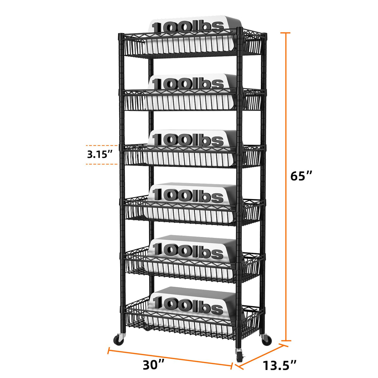 SINGAYE Shelf 6 Tier Wire Shelving Unit Adjustable Storage Shelves Big Basket Rack for Garage Kitchen Office Pantry Laundry Room Organizers13.5 D x 30" W x 65" H Black SINGAYE
