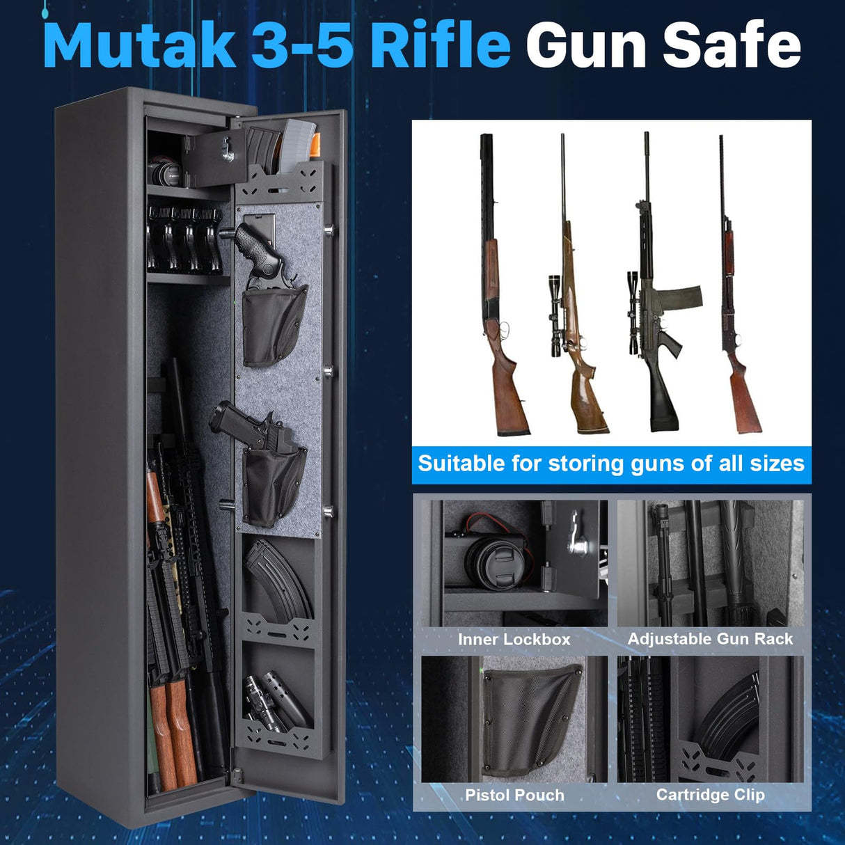Mutak 4-5 Rifle Gun Safe for Home Rifle and Pistols, Large Capacity Biometric 5 Rifle Safe & 5 Pistols Racks, 4 Ways Quick Access, Gun Cabinet with Alarm & Bright LED (No Assembly Required) Mutak