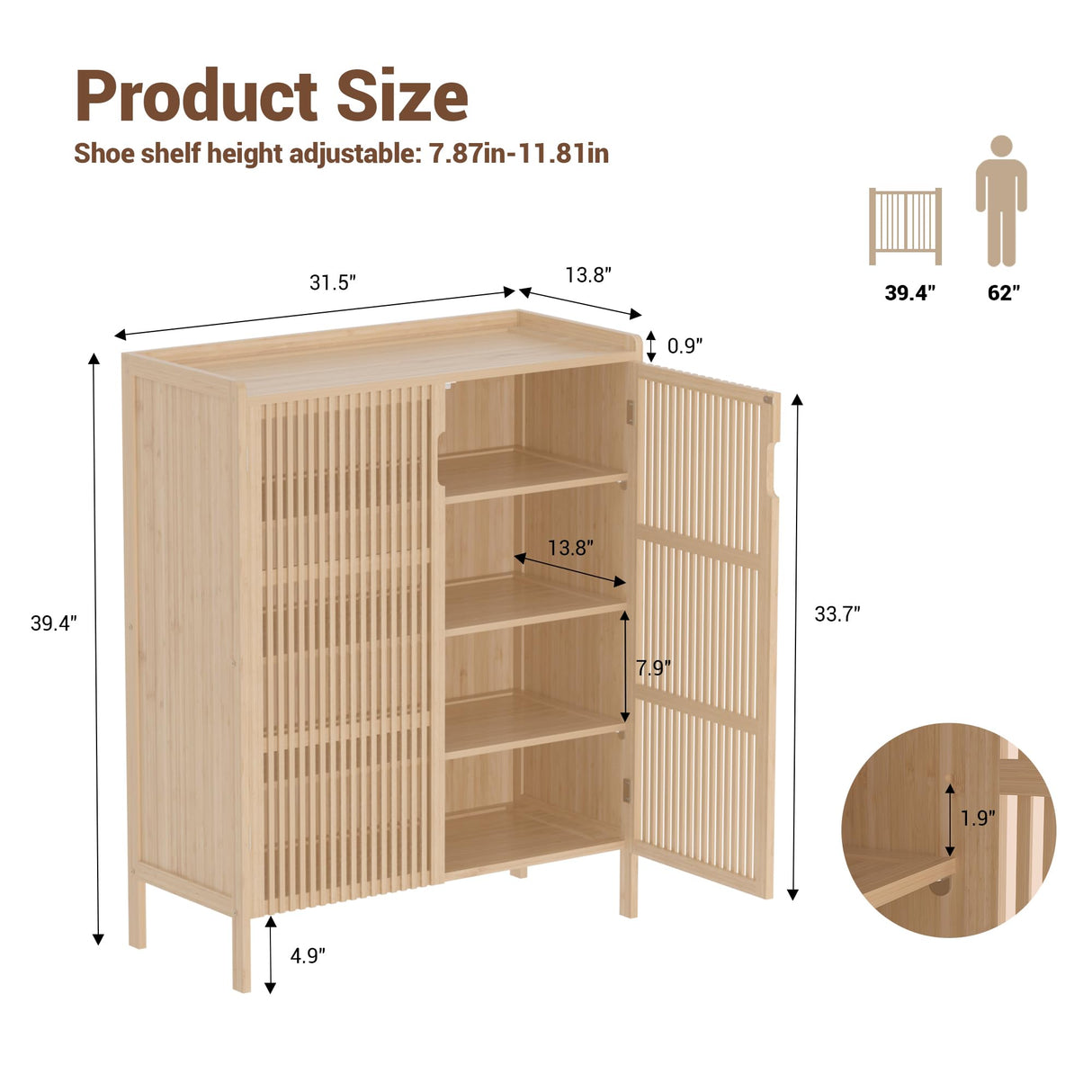 Bamboonova Shoe Cabinet, 20 Pair Farmhouse Shoe Organizer Cabinet, Freestanding Bamboo Wood Shoe Storage Cabinet with Grille Doors, 5-Tier Narrow Shoe Rack Cabinet Closet for Entryway Hallway, Natural Bamboonova