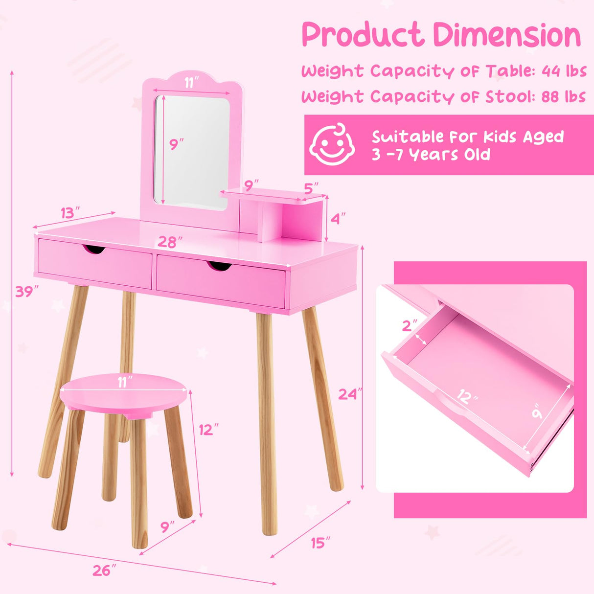 Costzon Kids Vanity Set, Girls Vanity Set with Mirror and Stool, 2 Large Drawers, Storage Shelf, Wooden Princess Makeup Dressing Table, Pretend Play Vanity Table and Chair Set for Toddlers (Pink) Costzon