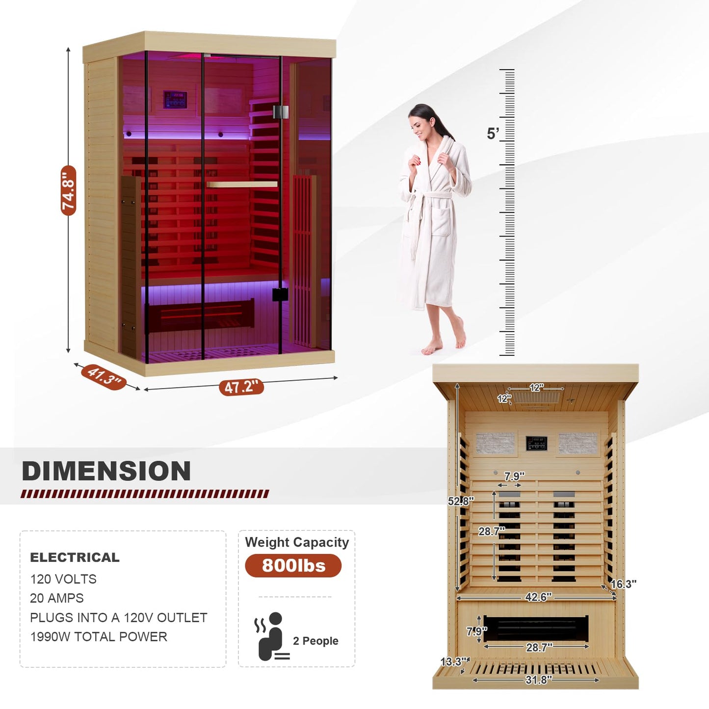 MEISSALIVVE Full Spectrum Infrared Sauna，1-2 Person Home Sauna，Wooden Canadian Hemlock Indoor Spa Sauna with Resonance Speaker, Panoramic Tempered Glass Door