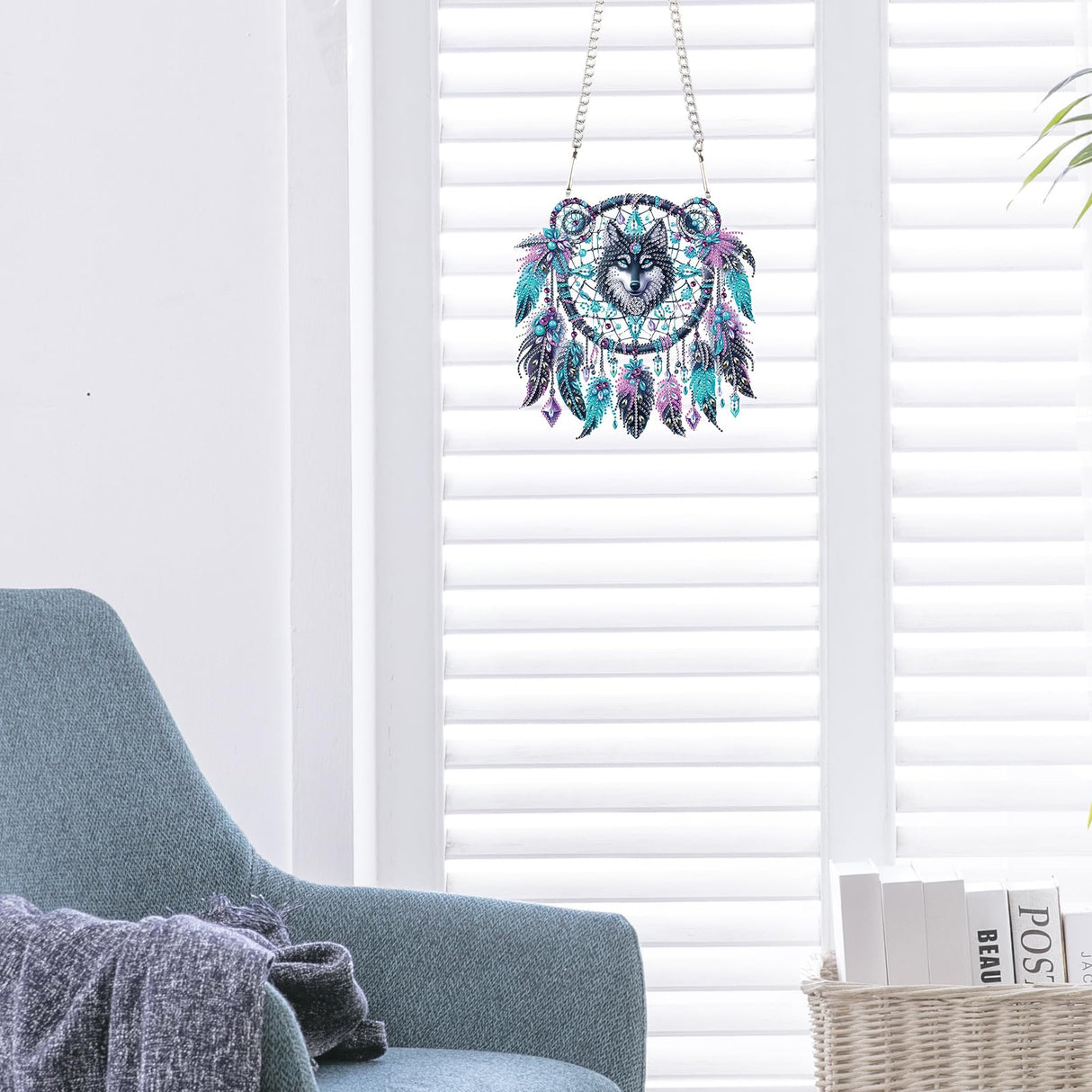 JISHSHAY Diamond Painting Hanging Wolf Diamond Art Pendant Dreamcatcher Gem Art Wind Chimes Gem Painting Hanging Pendant Mosaic Kits for Adults Windchimes Embroidery Kit Suncatchers Sun Catchers JISHSHAY