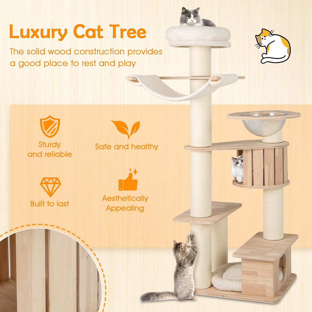 PETSITE 69 Inch Tall Wood Cat Tree, Multi-Level Modern Cat Tower with 5.7 inch Scratching Posts, Double Cat Condos, Space Capsule, Hammock, Large Wooden Cat Tree Tower for Indoor Cats, Natural PETSITE