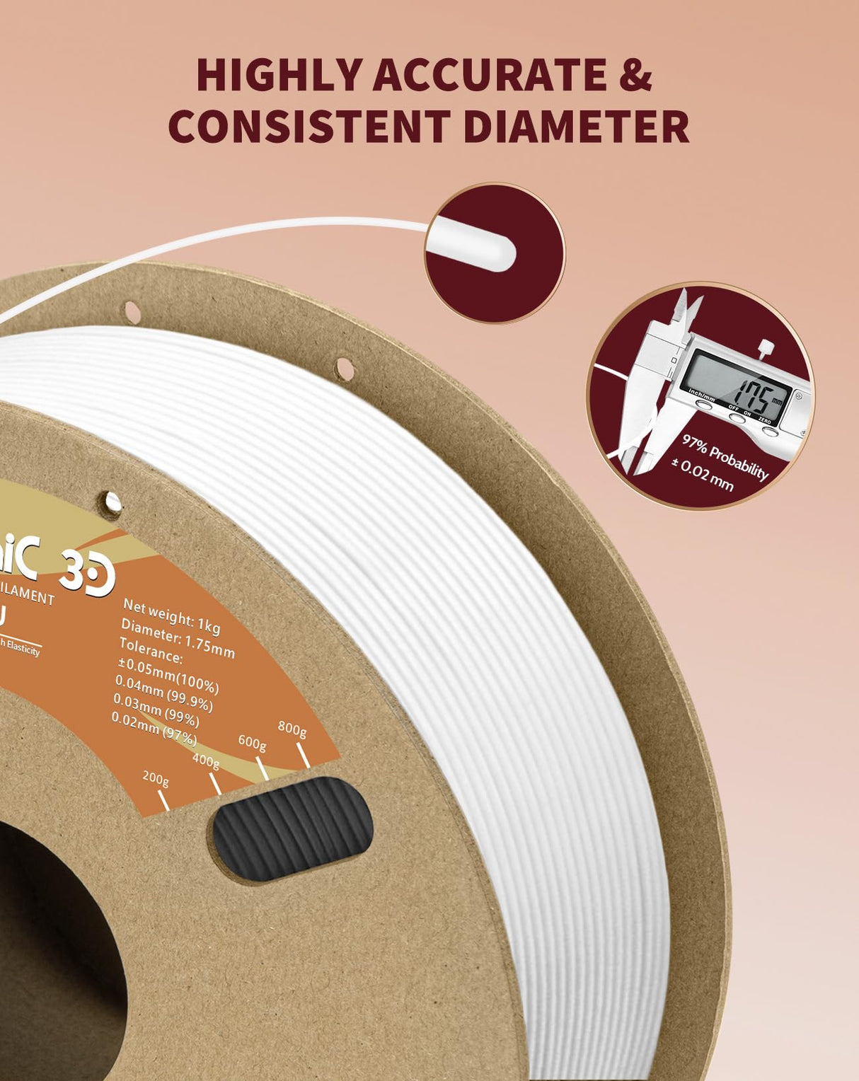 DURAMIC 3D TPU Filament 1.75mm, Soft TPU 3D Printing Filament 95A, 1kg Spool, +/- 0.05mm Accuracy, White 1 Pack DURAMIC 3D