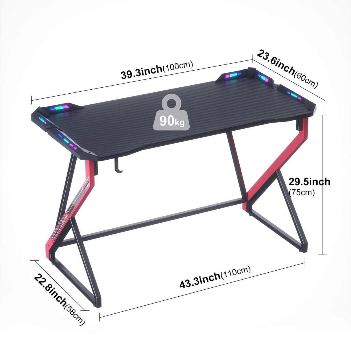 TIQLAB Small Gaming Desk with LED Lights, 40 Inch Computer Desk for Home Small Space, Gaming Table with Carbon Fiber Surface, PC Gamer Desk for Kids Boys Men, Black TIQLAB