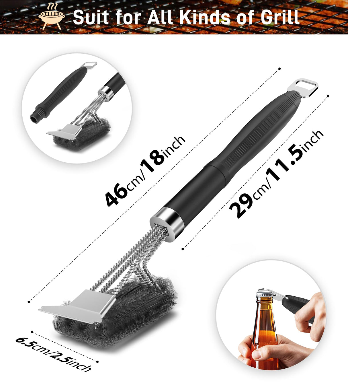 PePeng Grill Brush with Scraper, Non-Slip Handle, Bottle Opener, 3 in 1 Extra Strong BBQ Cleaner Accessories, Deep Clearning Brush for Gas/Charcoal Grilling Grates Pepeng