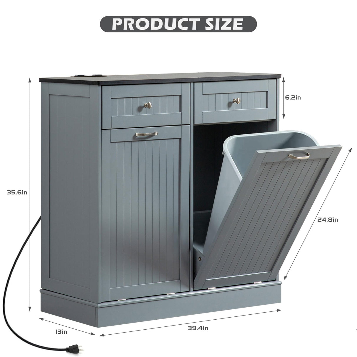 GAZHOME Double Tilt Out Trash Cabinet with Charging Station, Upgrade Wooden Trash Cabinet with Outlet,Recycling Cabinet with Hideaway Drawer,20 Gallon Tilt Out Trash Cabinet (Grey) GAZHOME