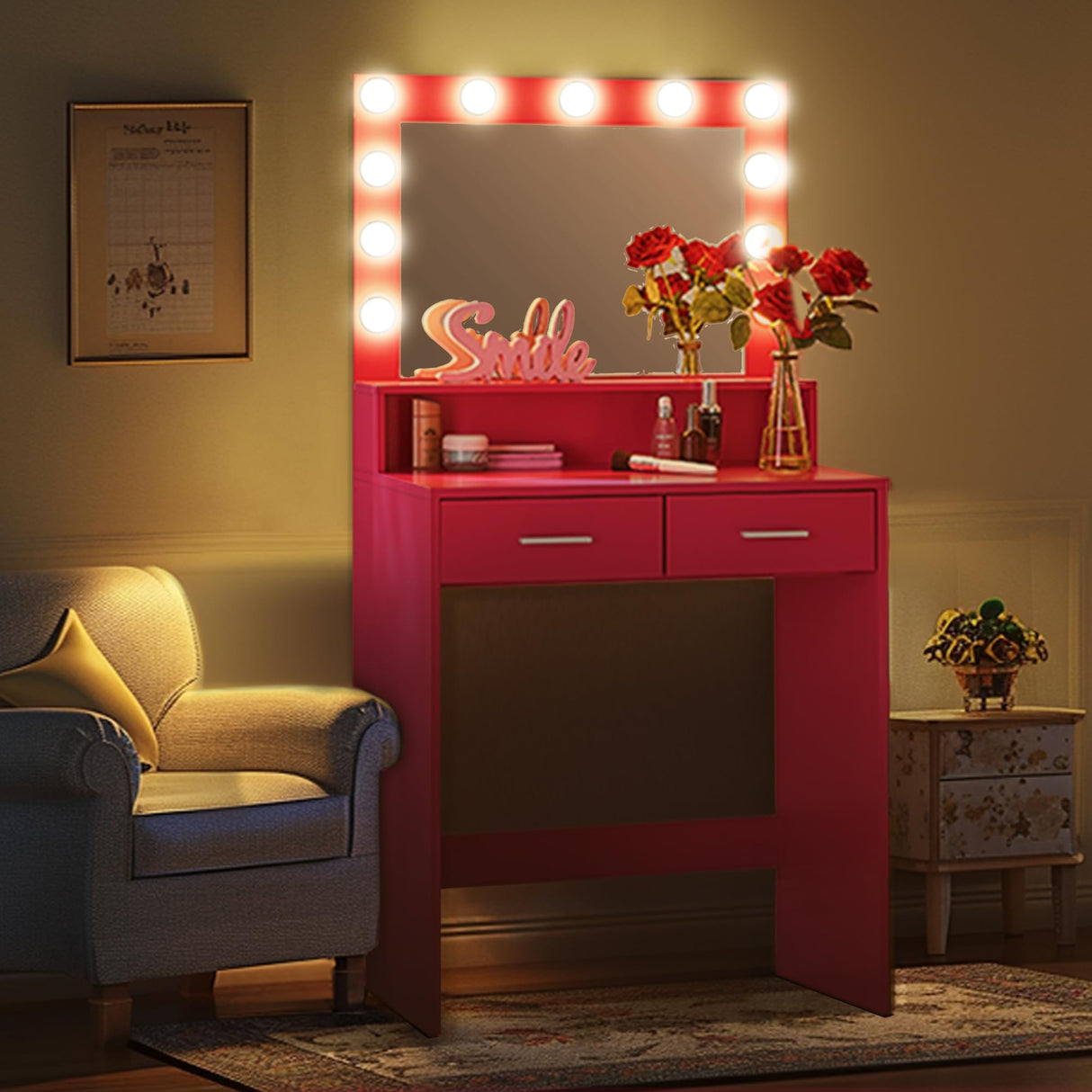 MIRROTOWEL Vanity Desk with Mirror and Lights, Dressing Table with Large Drawer, 2 Level Storage Dresser & 3 Lighting Modes Adjustable Brightness, Suitable for Bedroom MIRROTOWEL