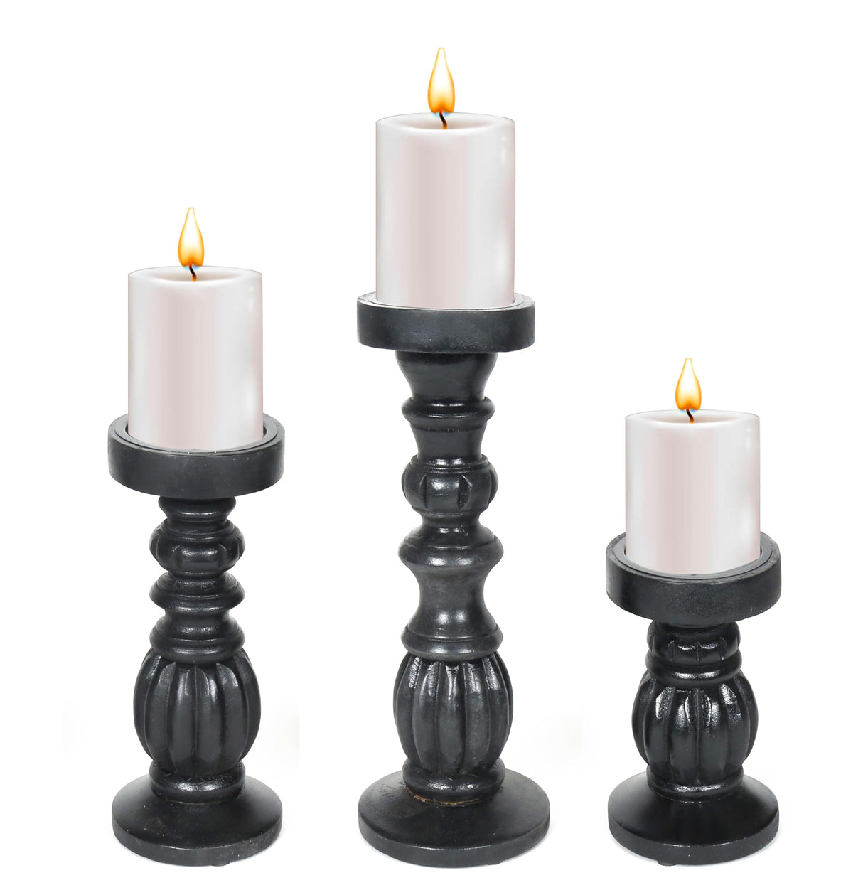 Farmhouse Wooden Candle Holders for Pillar Candles Set of 3, Rustic Wood Candle Holder Table Centerpiece Decor, 12'' 9'' 6'' Ball Design Tall Candle Stand Decorative, Black The Wooden Town