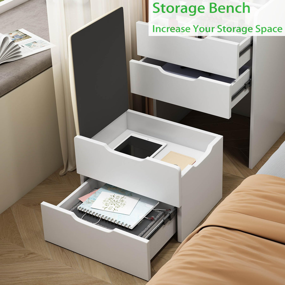 3 in 1 Vanity Desk with Plip Top Mirror, Small Vanity Desk Set with Storage Chair, Compact Makeup Vanity Desk with Visible Glass Desktop, for Bedroom, Apartment, Cloakroom, White (Basic Small Size) RIDFY