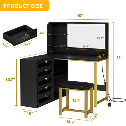 DWVO Corner Makeup Vanity Desk with Lights and Mirror, 48" L Shaped Black Vanity Set with Stool, 5 Acrylic Visualized Drawer, Adjustable 3 Lighting Modes, Bedroom Large Dressing Table for Wom - WoodArtSupply