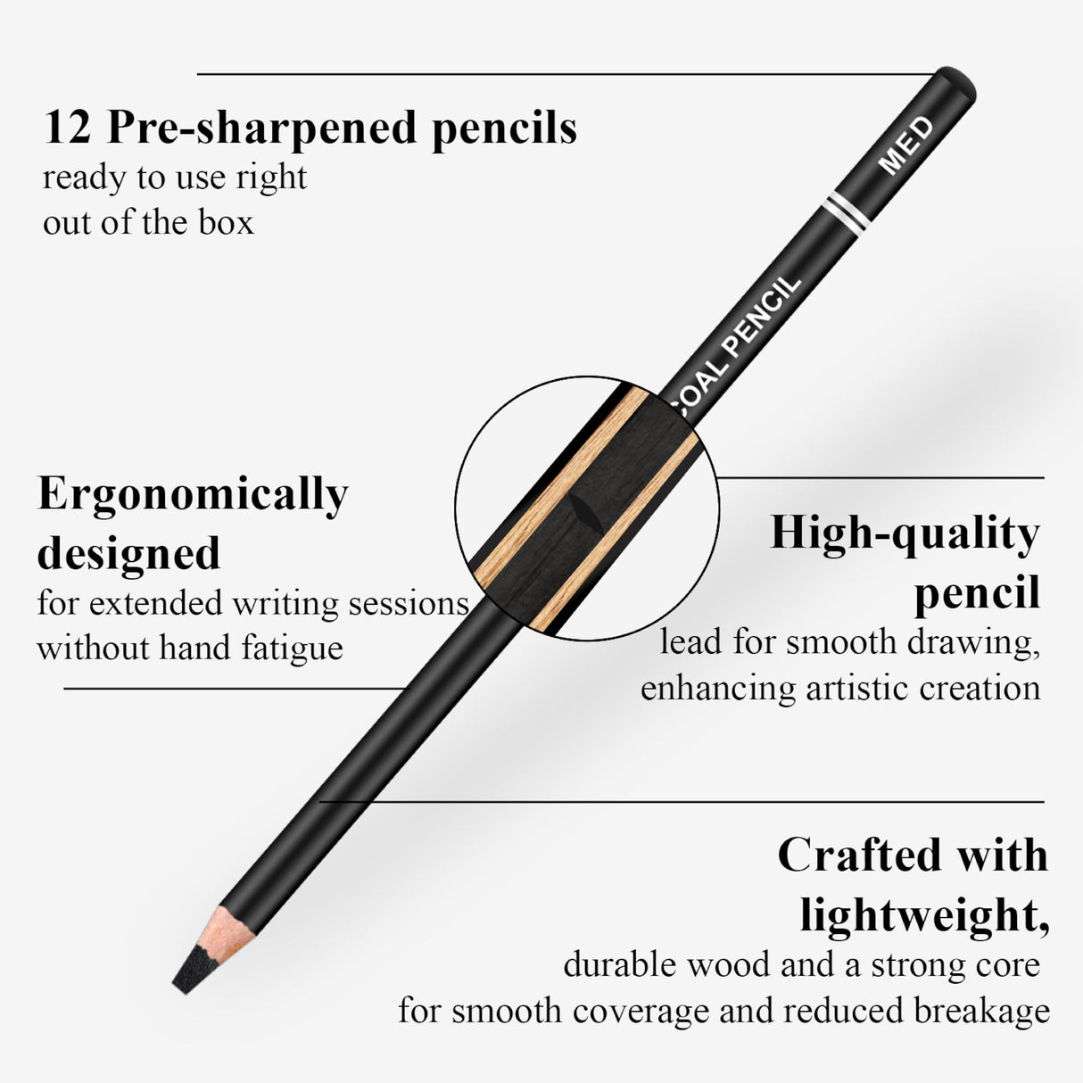 Charcoal Pencils for drawing, Set of 12, Charcoal Drawing Pencils (S-Soft, Soft, Medium, Hard), Art Supplies for Artist, Sketching, Shading Aenir