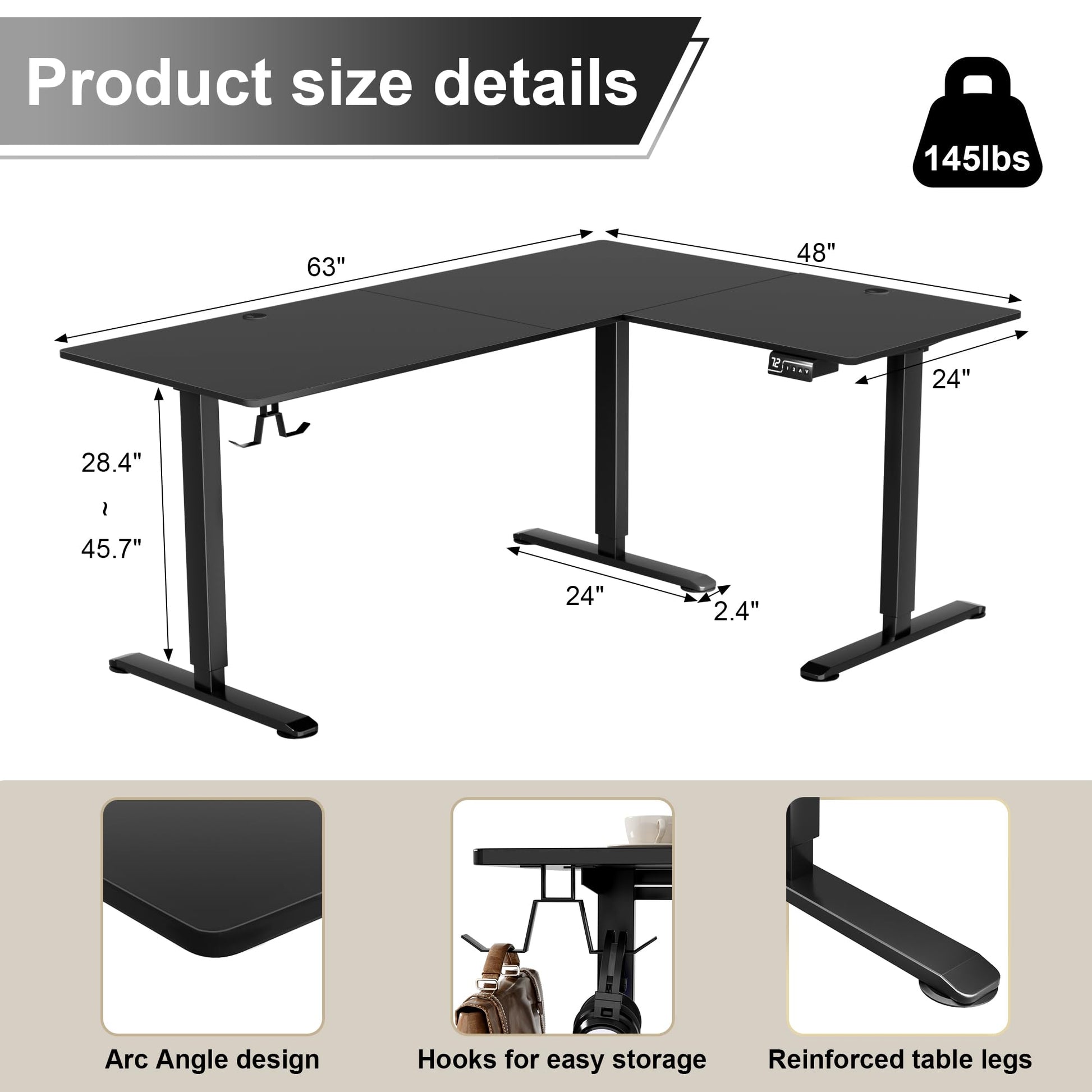 Shahoo L-Shaped Corner Standing Desk, Electric Height Adjustable Table, Home Office Workstation, 63 x 48 Inch, Black - WoodArtSupply