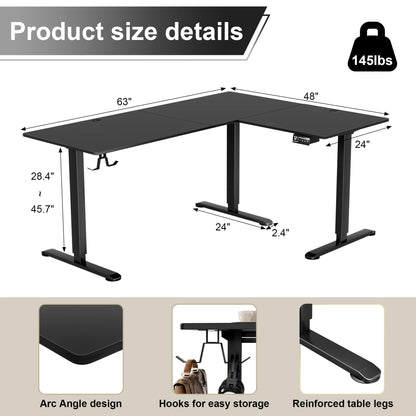 Shahoo L-Shaped Corner Standing Desk, Electric Height Adjustable Table, Home Office Workstation, 63 x 48 Inch, Black - WoodArtSupply