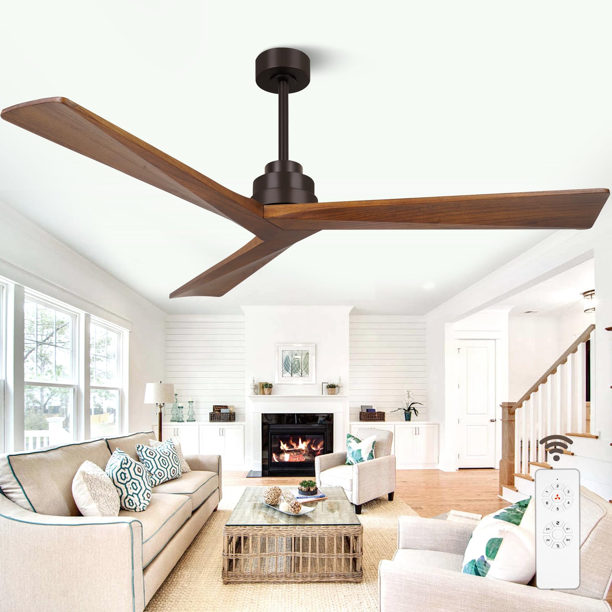 KAPOEFAN 60 Inch Ceiling Fan Without Light, Wood Ceiling Fans no Light, Modern Outdoor Ceiling Fans with Remote DC Motor 6 Speeds Quiet 8H Timer Black Solid Wooden Fan for Farmhouse Patio - WoodArtSupply