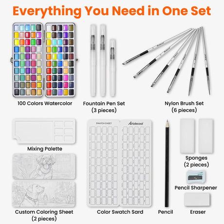 Watercolor Paint Set, 100 Colors, Travel Water Colors kit with 9 Brushes, 3 Swatch Cards, Palette set Including Metallic and Accessories Art Supplies Gifts for Kids Artists Teens Adults and Hobbyists Artdecool