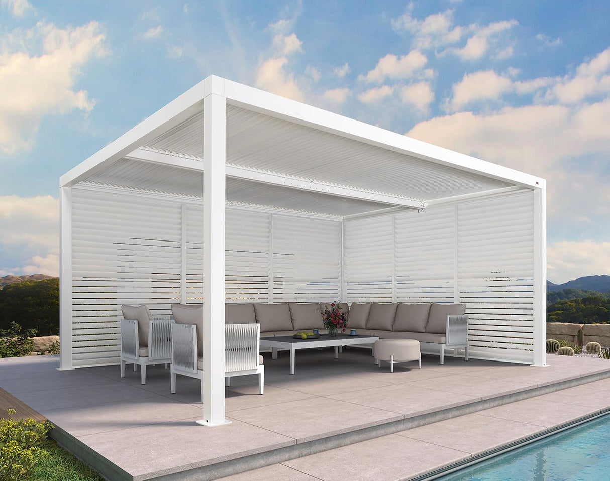 PURPLE LEAF Louvered Pergola 12' x 16' Outdoor White Aluminum Pergola with Fixed Shutter Wall Adjustable Roof Gazebo for Patio Backyard, 1 Long Side and 1 Short Side PURPLE LEAF