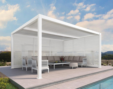 PURPLE LEAF Louvered Pergola 12' x 16' Outdoor White Aluminum Pergola with Fixed Shutter Wall Adjustable Roof Gazebo for Patio Backyard, 1 Long Side and 1 Short Side PURPLE LEAF