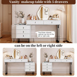 Ieejdn White with plug,Large Vanity Desk with 3 Color Touch Screen Dimming Mirror, Modern Retractable Makeup Dressing Table with Adjustable Cabinet and 5 Sliding Drawers,Vanity Table with Power Strip Ieejdn