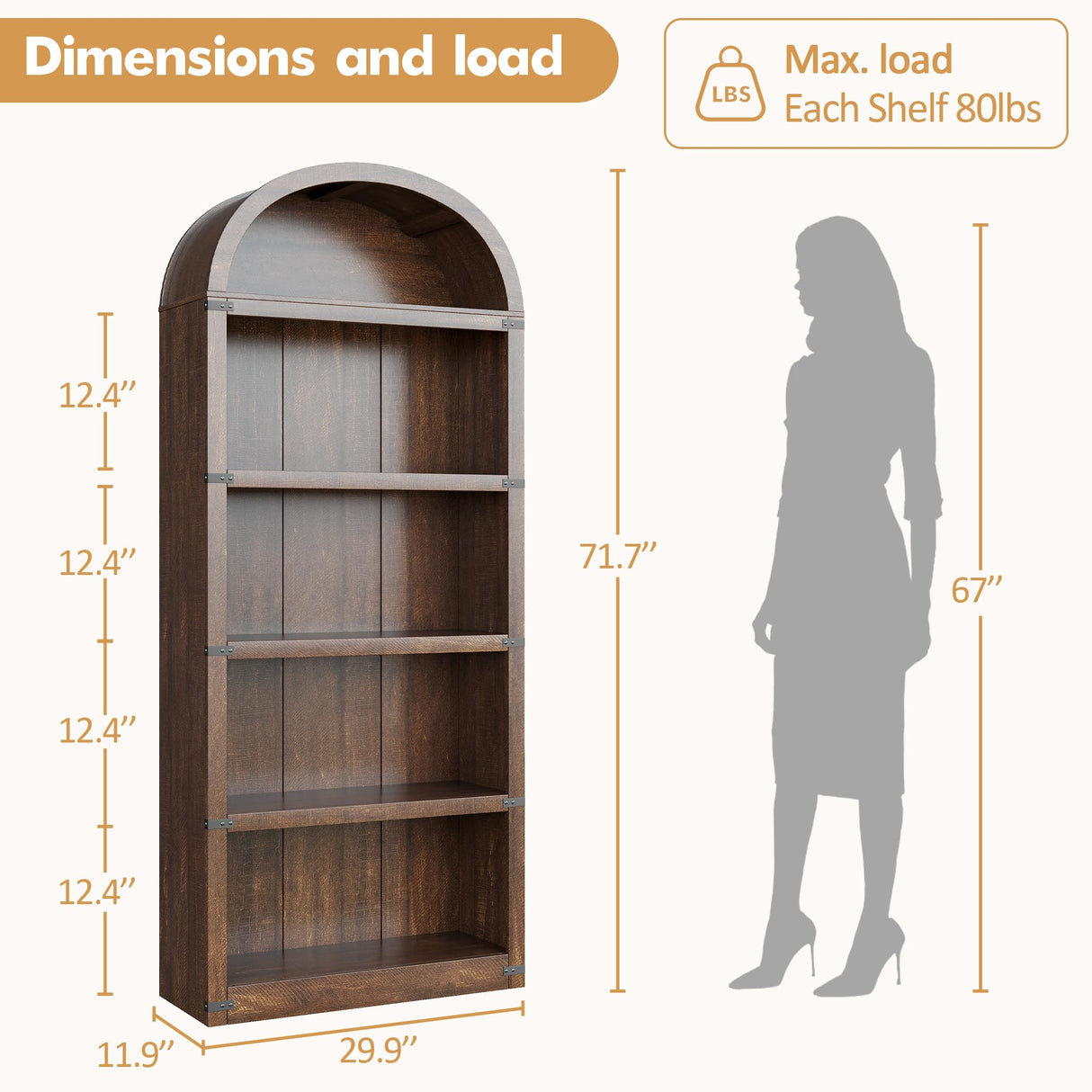 GarveeHome Bookcase 5 Shelf Arched Bookshelf 71.65in Tall Bookcase Farmhouse Display Storage Rack Wooden Bookshelves for Home Office, Living Room (Brown) GarveeHome