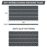Plastic Interlocking Deck Tiles Waterproof 12x24'' Exstra Long Patio Flooring 24 PCS Outdoor Deck Tiles for All Weather Use - Balcony, Backyard, Indoor & Outdoor (Grey) ZUGELAN