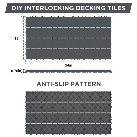 Plastic Interlocking Deck Tiles Waterproof 12x24'' Exstra Long Patio Flooring 24 PCS Outdoor Deck Tiles for All Weather Use - Balcony, Backyard, Indoor & Outdoor (Grey) ZUGELAN