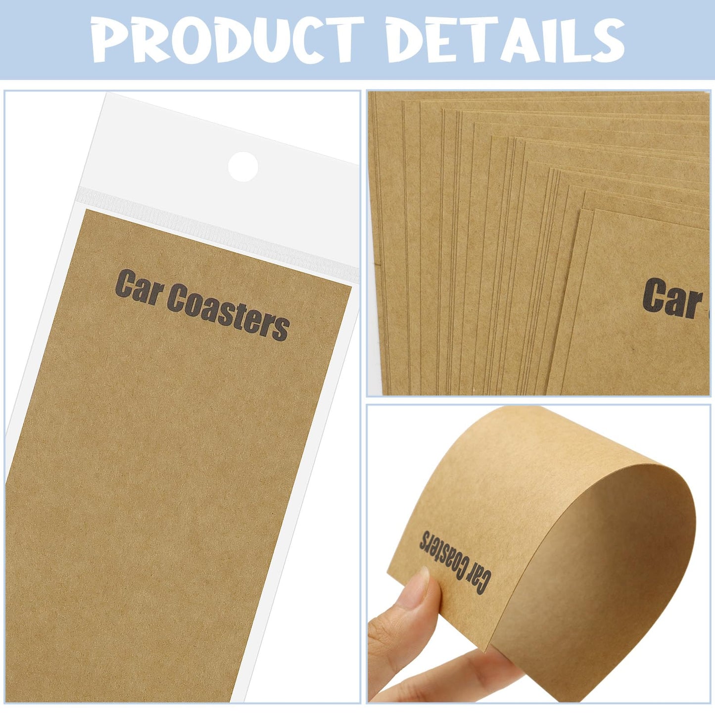 LOTMER 100Pcs Car Coasters Packaging for Selling, Sublimation Car Coasters Cards with 100 PCS Hanging Bags, Coasters Display Cards for Packaging Car Coasters (Brown)