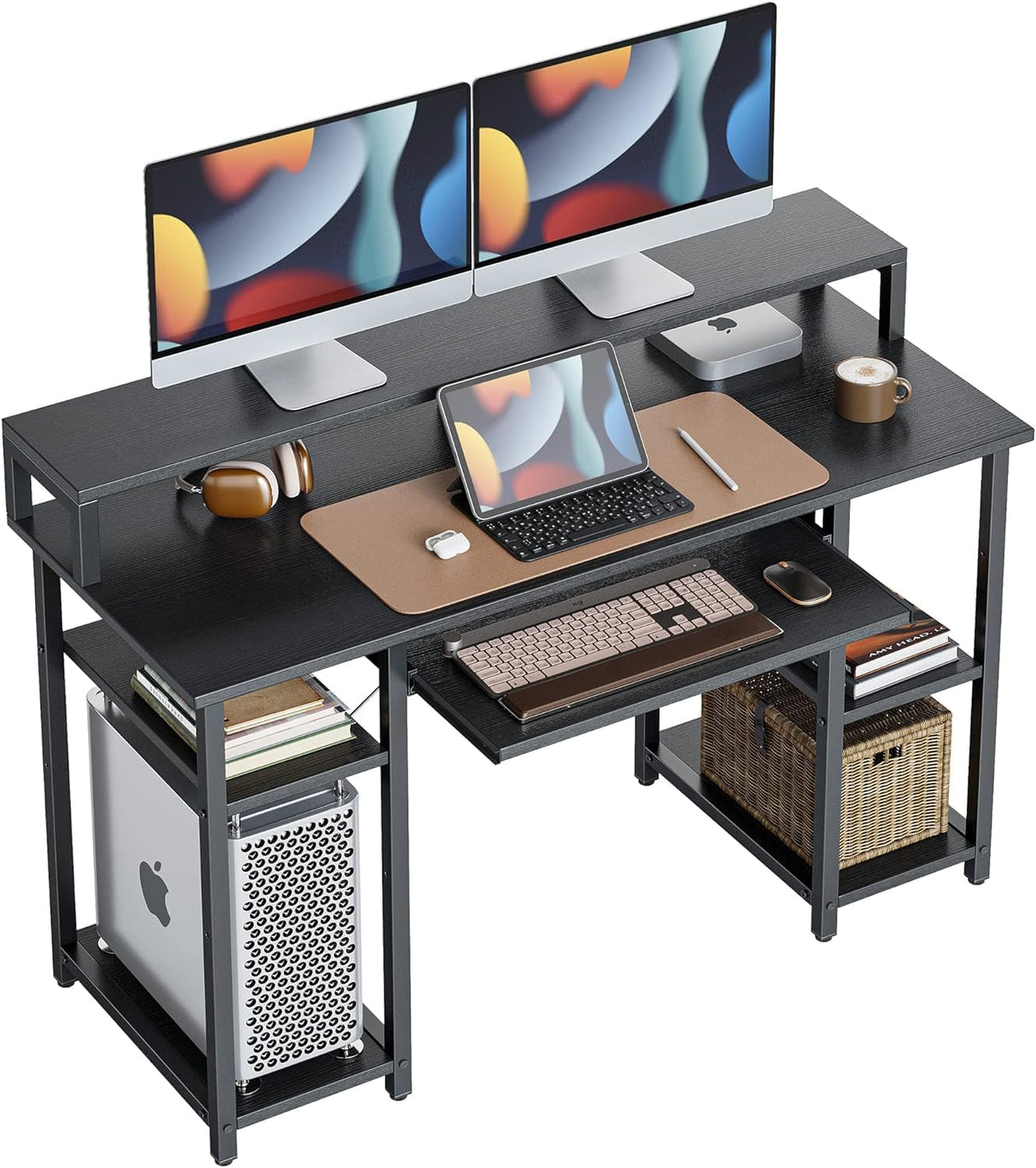 CubiCubi Computer Desk with Keyboard Tray, 47 Inch Office Desk with Monitor Stand and Storage Shelves, Music Studio Desk Workstation, Work Table for Home Office, Black CubiCubi