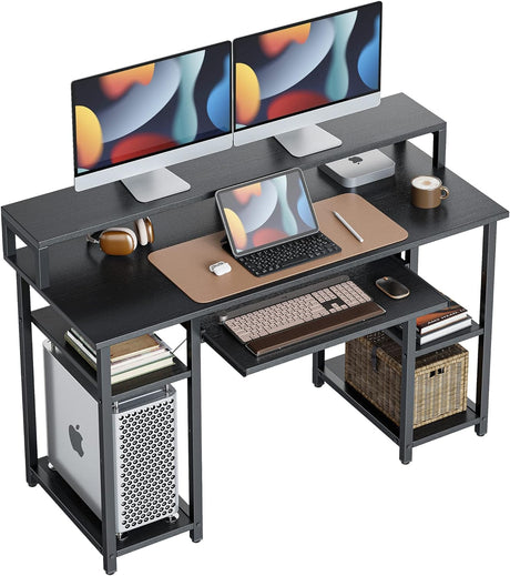 CubiCubi Computer Desk with Keyboard Tray, 47 Inch Office Desk with Monitor Stand and Storage Shelves, Music Studio Desk Workstation, Work Table for Home Office, Black CubiCubi