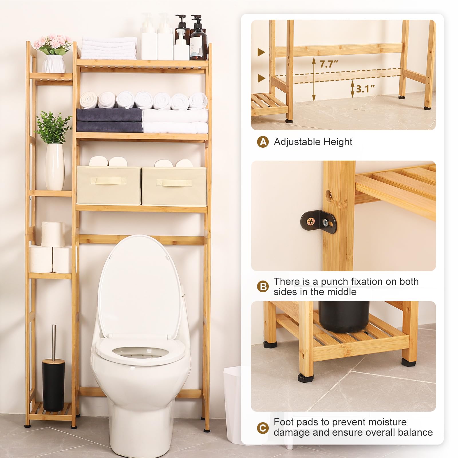 Homde Bamboo Over The Toilet Storage Rack with Adjustable Shelves and Baskets - WoodArtSupply