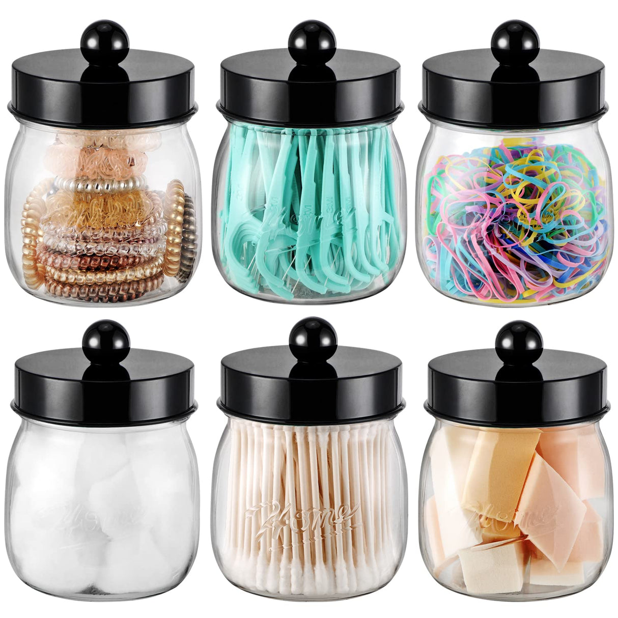 Farmhouse Decor Apothecary Jar Set,Mason Jar Bathroom Vanity Storage Organizer Canister - Qtip Holder Plastic Acrylic Jar for Cotton Swabs,Cotton Pads,Floss Picks,Paper Clips,Hair Clips(6 Pack,Black) SheeChung