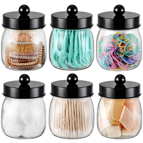 Farmhouse Decor Apothecary Jar Set,Mason Jar Bathroom Vanity Storage Organizer Canister - Qtip Holder Plastic Acrylic Jar for Cotton Swabs,Cotton Pads,Floss Picks,Paper Clips,Hair Clips(6 Pack,Black) SheeChung